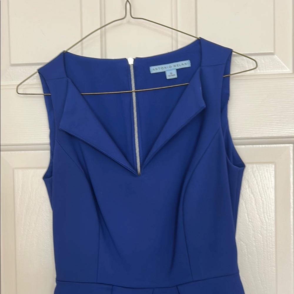 ANTONIO MELANI Blue Ruched Sheath Dress V-neck Midi - Picture 4 of 11